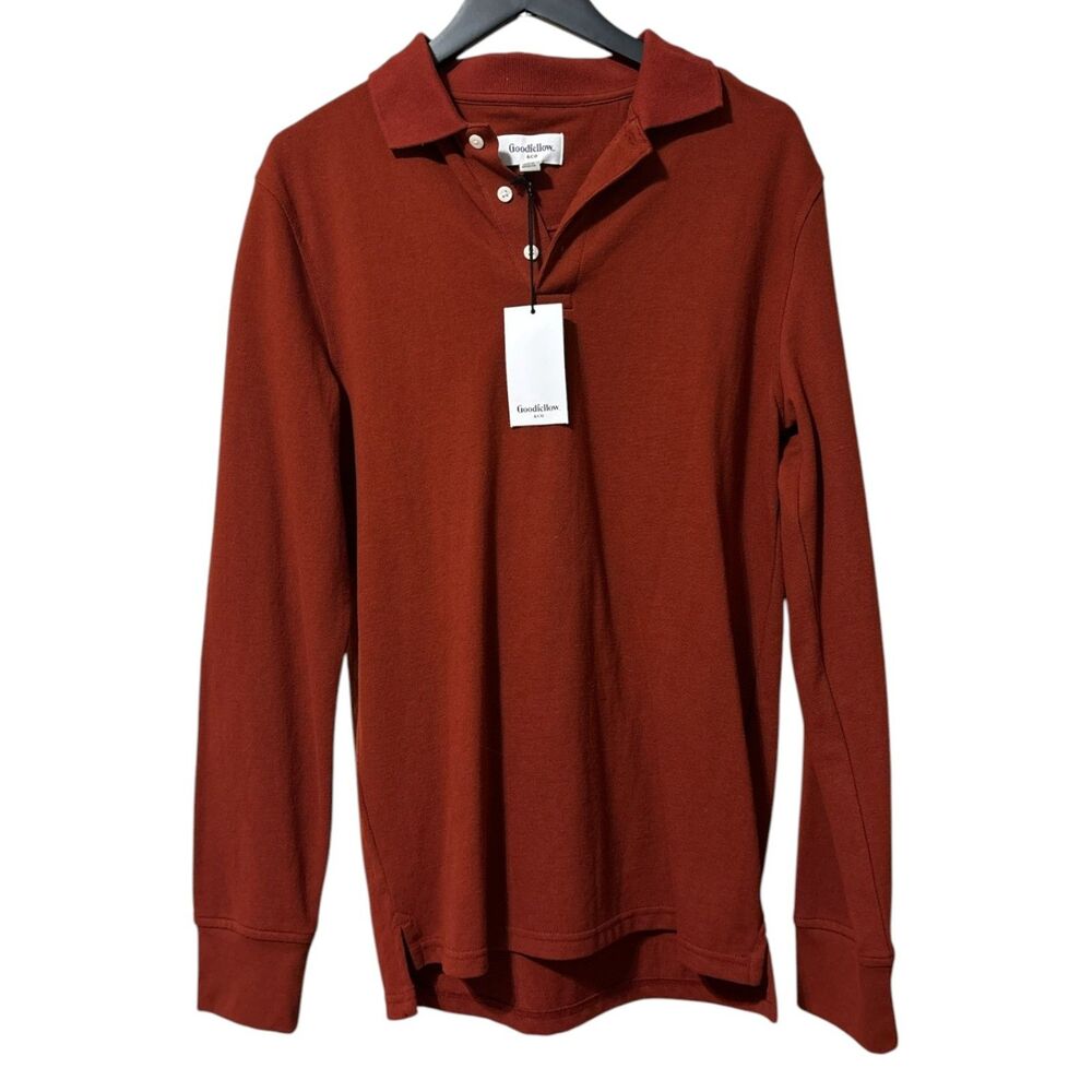 Men's Long Sleeve Polo Shirt Rust Red Cotton Casual Top Size Small NWT